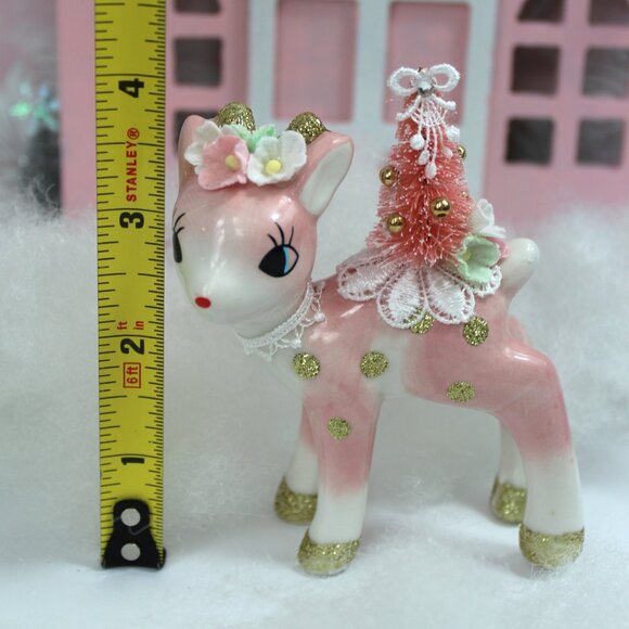 Pink Deer & Bottle Brush Tree Figurine: Vintage Style Christmas Decor - Picture 10 of 10